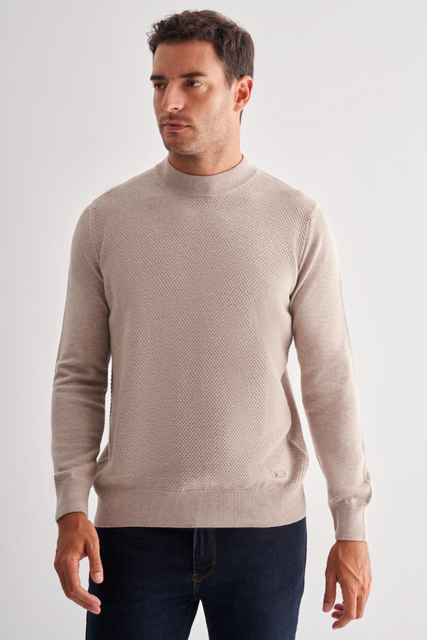 Açık Bej Yarım Balıkçı Yaka Uzun Kol Cepsiz Comfort Fit Classic Pamuklu Triko Kazak 1012255208