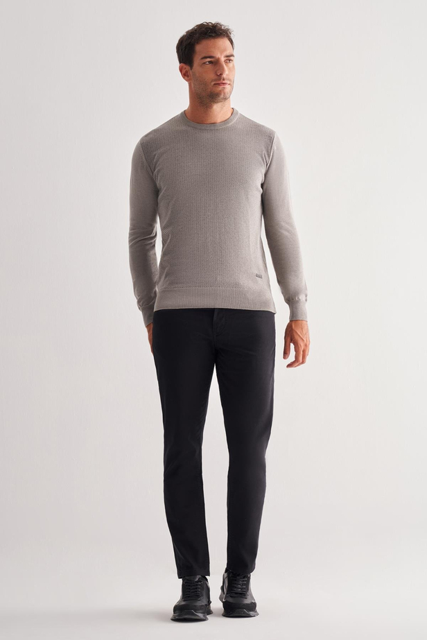 Açık Gri Bisiklet Yaka Uzun Kol Cepsiz Comfort Fit Pamuklu Triko Kazak 1012255220