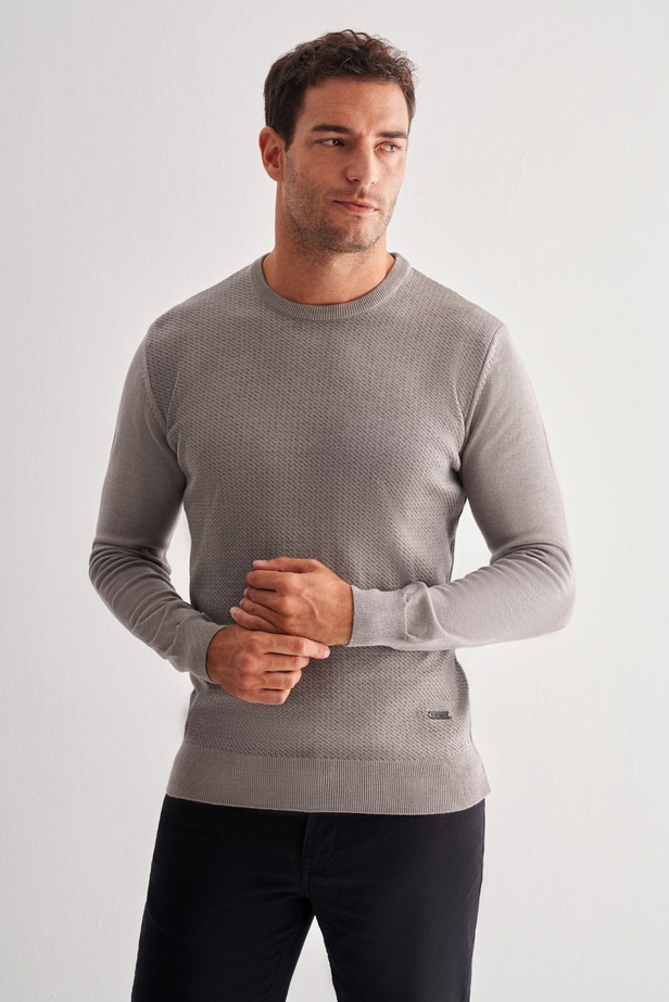 Açık Gri Bisiklet Yaka Uzun Kol Cepsiz Comfort Fit Pamuklu Triko Kazak 1012255220