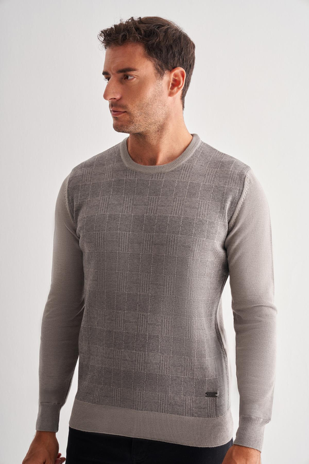 Açık Gri Bisiklet Yaka Uzun Kol Cepsiz Comfort Fit Pamuklu Triko Kazak 1012255217