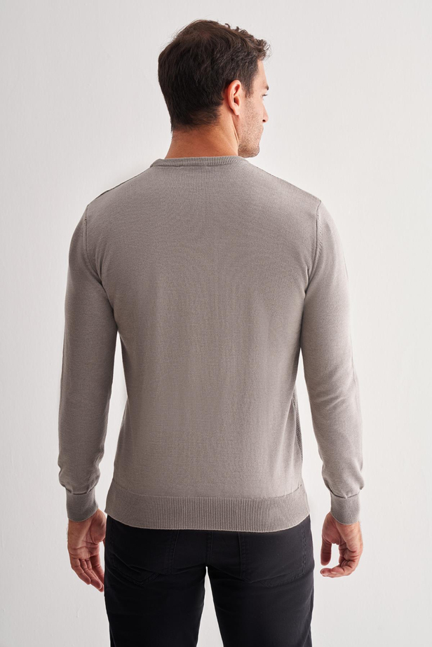 Açık Gri Bisiklet Yaka Uzun Kol Cepsiz Comfort Fit Pamuklu Triko Kazak 1012255220