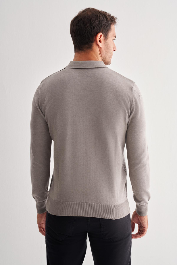 Açık Gri Polo Yaka Uzun Kol Cepsiz Comfort Fit Pamuklu Triko Kazak 1012255218