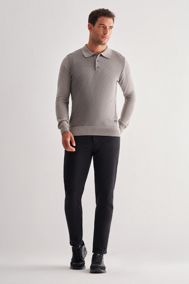 Açık Gri Polo Yaka Uzun Kol Cepsiz Comfort Fit Pamuklu Triko Kazak 1012255218