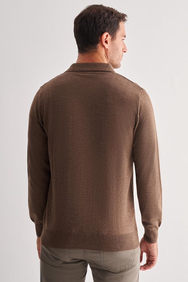 Açık Kahverengi Polo Yaka Uzun Kol Cepsiz Comfort Fit Pamuklu Triko Kazak 1012255214