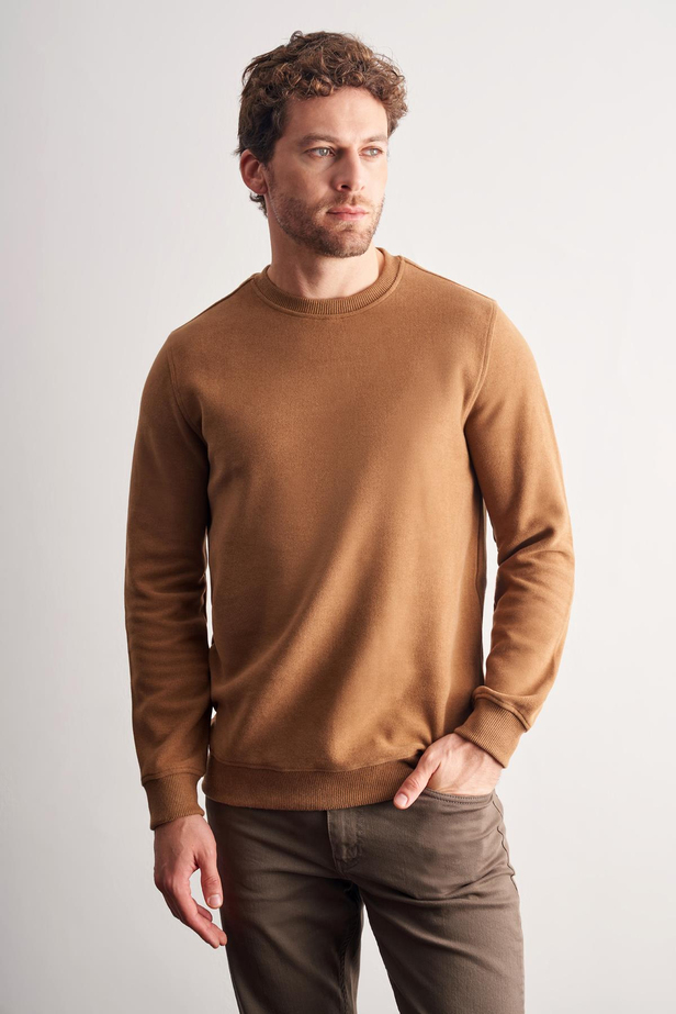 Açık Kahverengi Uzun Kol Bisiklet Yaka Düz Pamuklu Comfort Fit Sweatshirt 1013255150