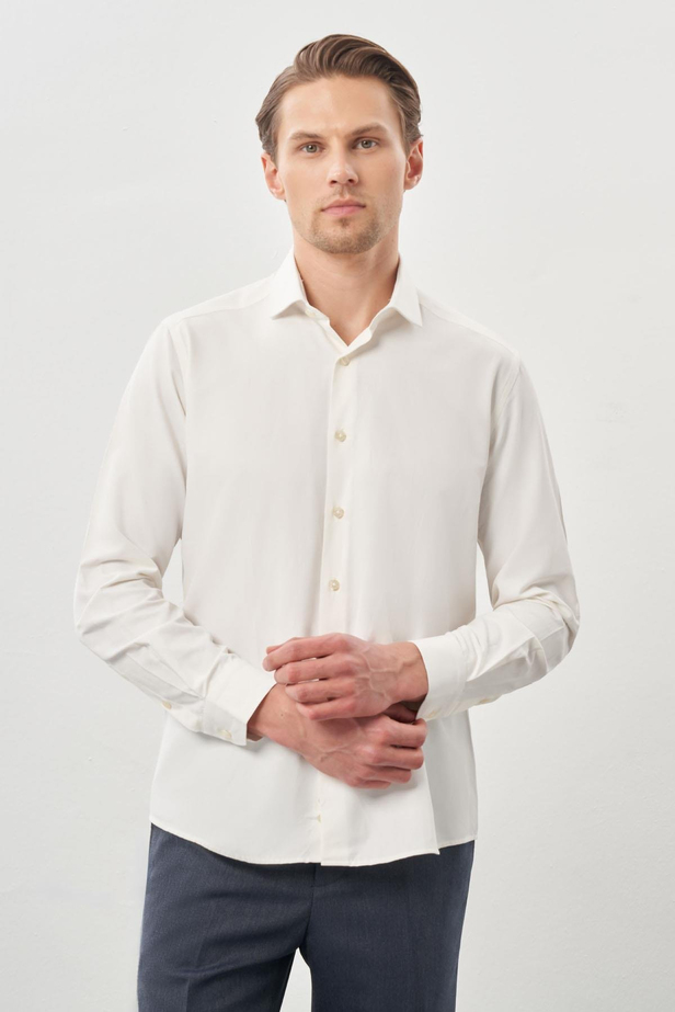 Açık Krem Uzun Kol Düz Bez Ayağı Yarım İtalyan Yaka Cepsiz Pamuklu Classic Slim Fit Gömlek 1004245268