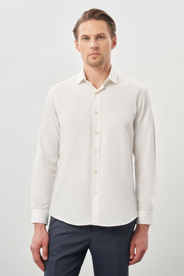 Açık Krem Uzun Kol Düz Bez Ayağı Yarım İtalyan Yaka Cepsiz Pamuklu Classic Slim Fit Gömlek 1004245268