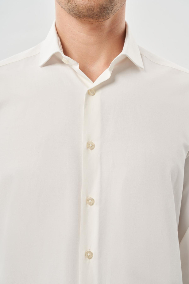 Açık Krem Uzun Kol Düz Bez Ayağı Yarım İtalyan Yaka Cepsiz Pamuklu Classic Slim Fit Gömlek 1004245268