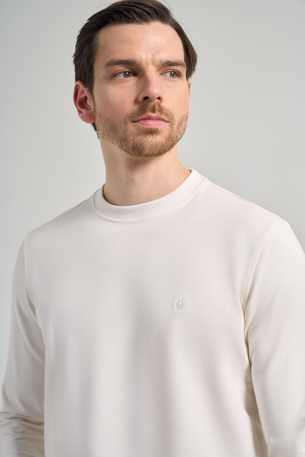 Açık Krem Uzun Kol Düz Örme Bisiklet Yaka Cepsiz Pamuklu Sweatshirt