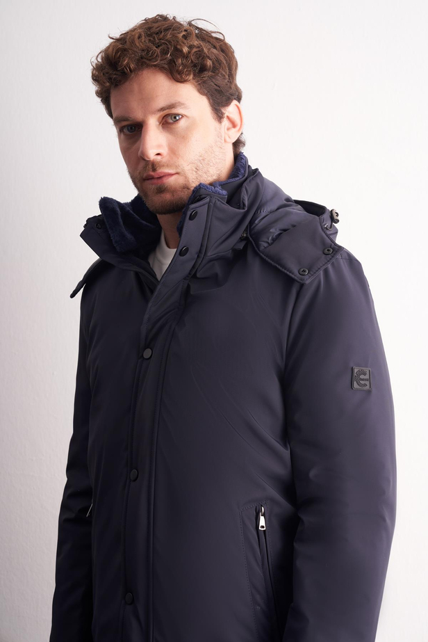 Açık Lacivert Çıkma Kapşonlu Dik Yaka Yırtmaçsız Esnek Classic Kaban 1008255165