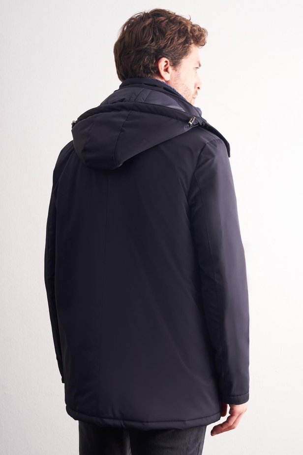 Açık Lacivert Çıkma Kapşonlu Dik Yaka Yırtmaçsız Esnek Classic Kaban 1008255165