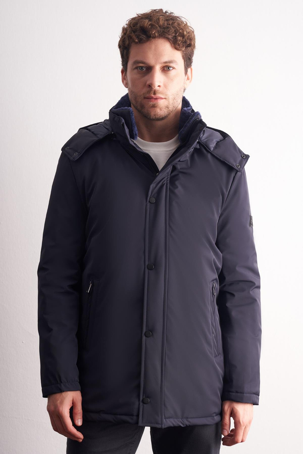 Açık Lacivert Çıkma Kapşonlu Dik Yaka Yırtmaçsız Esnek Classic Kaban 1008255165