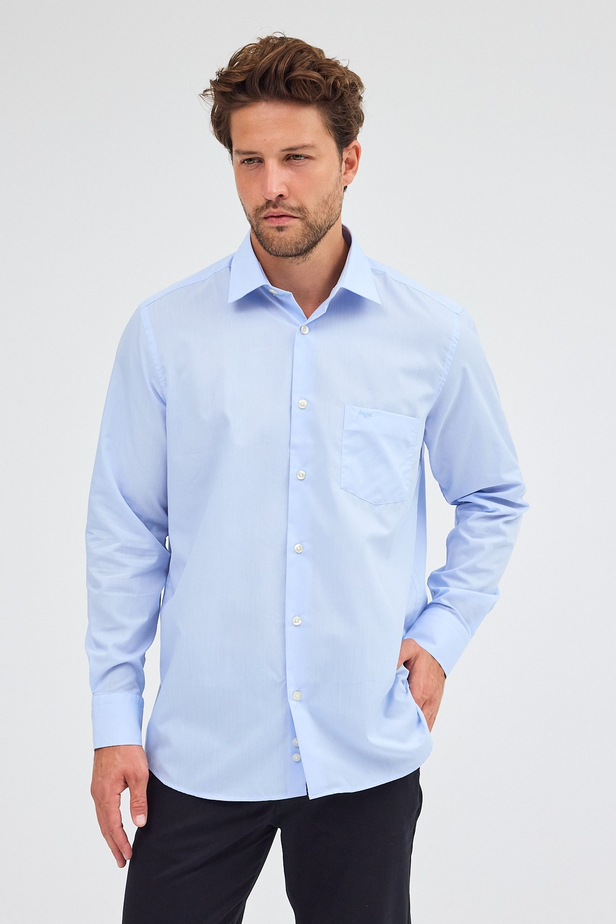 Açık Mavi Sert Yaka Uzun Kol Easy To Iron Comfort Fit Pamuklu Gömlek 1004255300