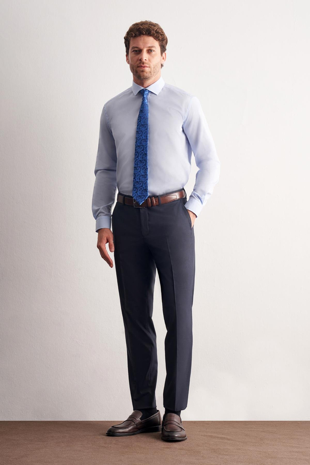 Açık Mavi Yarım İtalyan Yaka Uzun Kol Easy To Iron Slim Fit Pamuklu Gömlek 1004255301