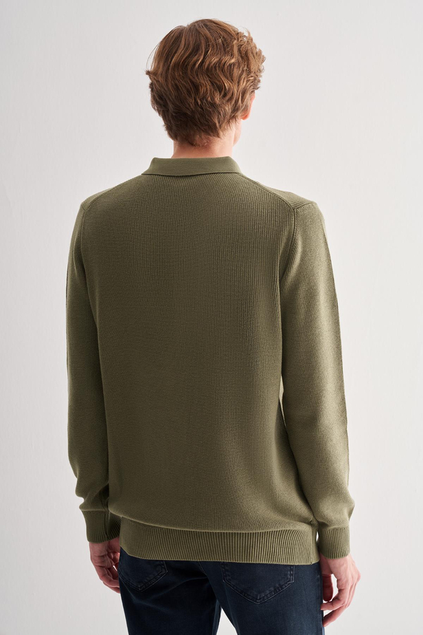 Açık Yeşil Fermuarlı Polo Yaka Uzun Kol Cepsiz Comfort Fit Casual Pamuklu Triko Kazak 1012255202