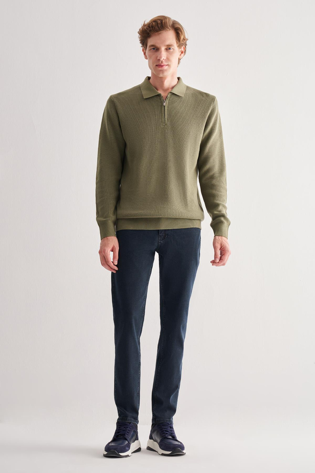 Açık Yeşil Fermuarlı Polo Yaka Uzun Kol Cepsiz Comfort Fit Casual Pamuklu Triko Kazak 1012255202
