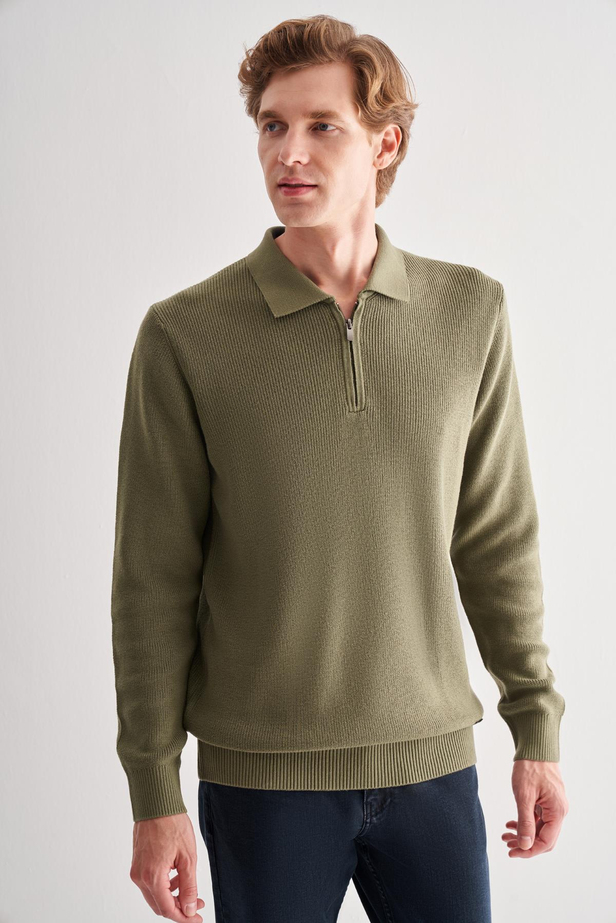 Açık Yeşil Fermuarlı Polo Yaka Uzun Kol Cepsiz Comfort Fit Casual Pamuklu Triko Kazak 1012255202