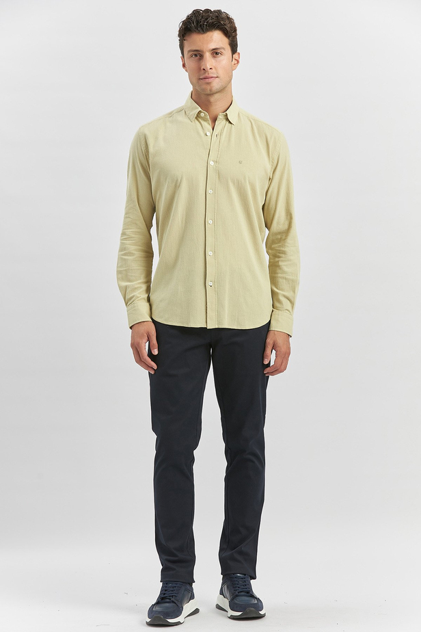 Açık Yeşil Uzun Kollu Gofreli Biyeli %100 Pamuk Casual Slim Fit Dar Kesim Gömlek 1004240247