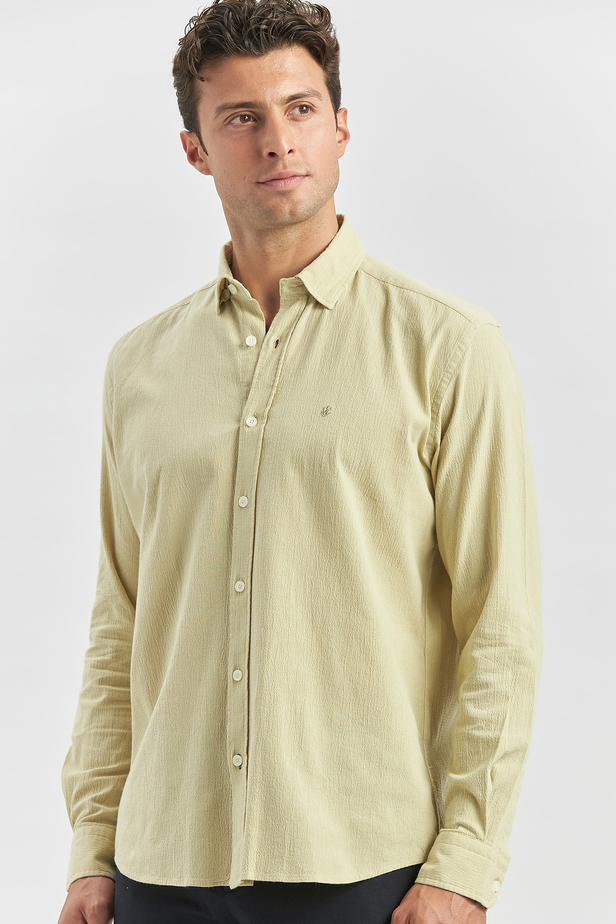 Açık Yeşil Uzun Kollu Gofreli Biyeli %100 Pamuk Casual Slim Fit Dar Kesim Gömlek 1004240247