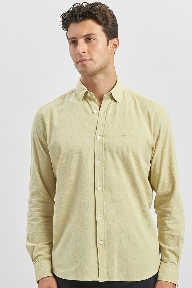 Açık Yeşil Uzun Kollu Gofreli Biyeli %100 Pamuk Casual Slim Fit Dar Kesim Gömlek 1004240247