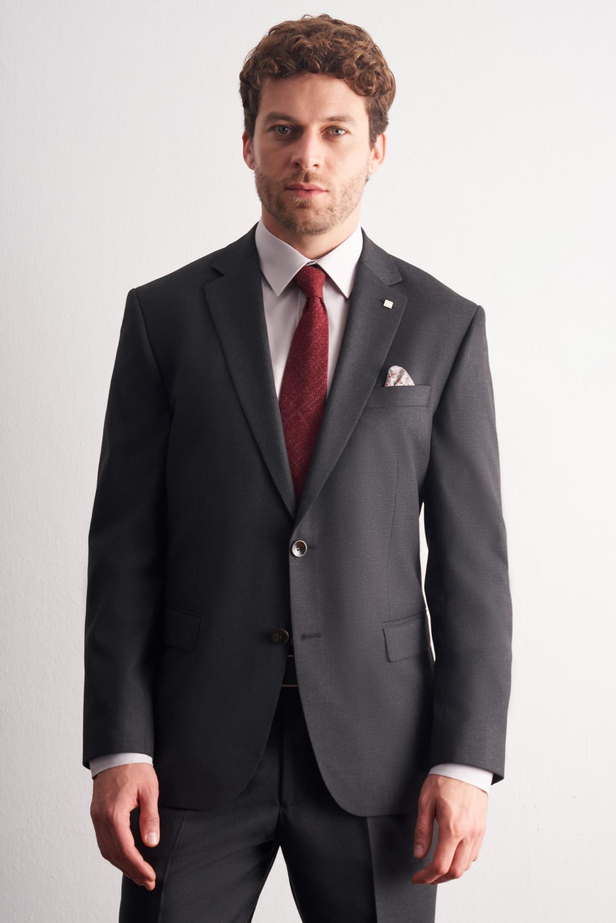 Antrasit Mono Yaka Kendinden Çizgili Desen Esnek 4 Drop Comfort Fit Classic Takım Elbise 1001255159