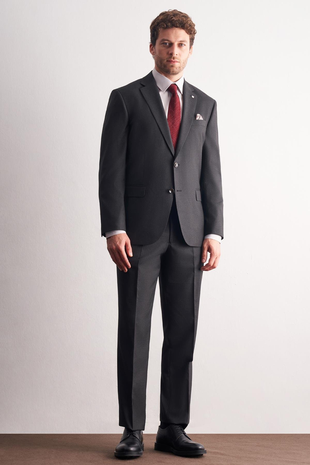 Antrasit Mono Yaka Kendinden Çizgili Desen Esnek 4 Drop Comfort Fit Classic Takım Elbise 1001255159