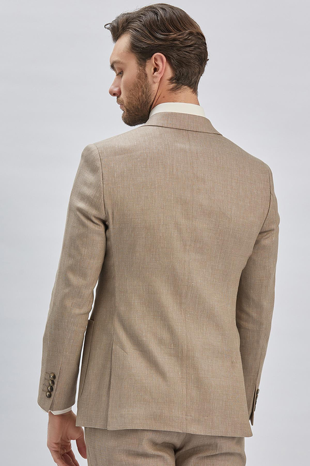 Bej Armürlü Mono Yaka Keten Karışımlı 6 Drop Slim Fit Dar Kesim Casual Takım Elbise 1001240169