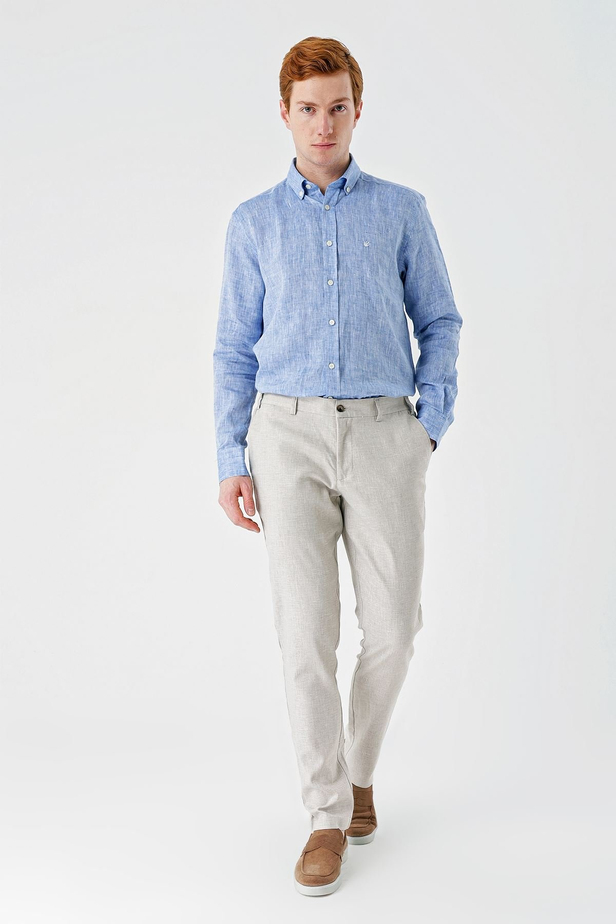 Bej Desenli Keten Karışımlı Yan Cepli Lastikli Comfort Rahat Kesim Casual Pantolon 1003240159