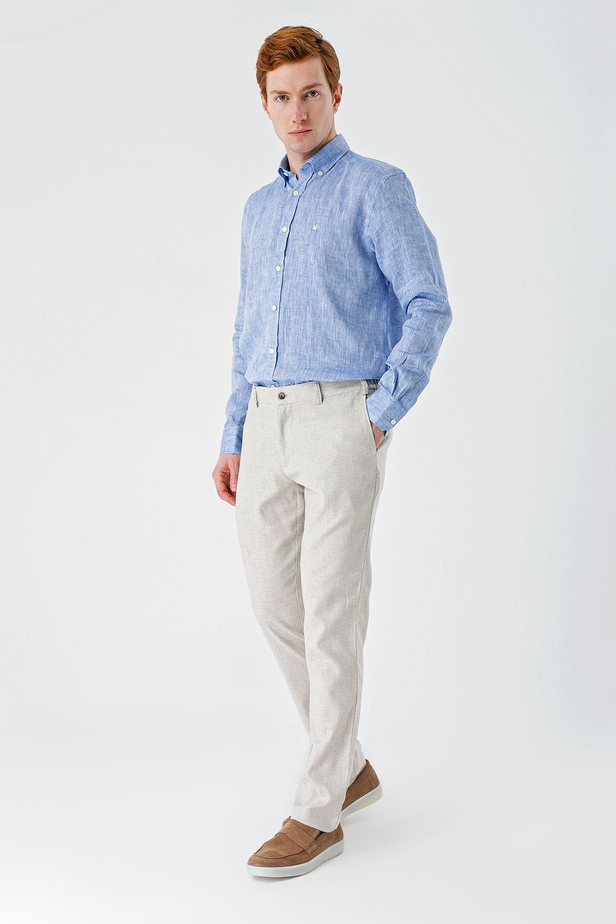 Bej Desenli Keten Karışımlı Yan Cepli Lastikli Comfort Rahat Kesim Casual Pantolon 1003240159