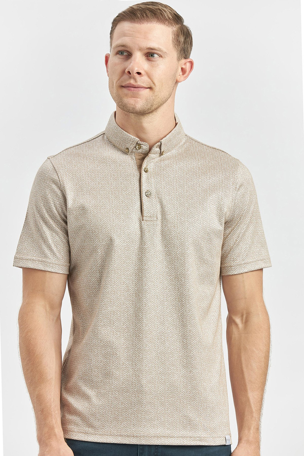 Bej Desenli Merserize Düğmeli Yaka Garnili Pamuklu Casual Slim Fit Dar Kesim Tişört 1011240164