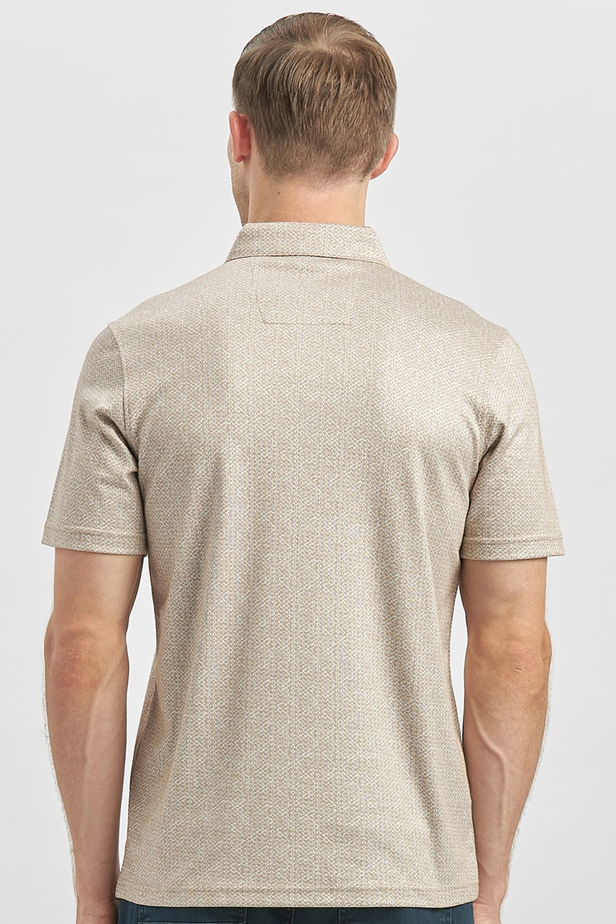 Bej Desenli Merserize Düğmeli Yaka Garnili Pamuklu Casual Slim Fit Dar Kesim Tişört 1011240164