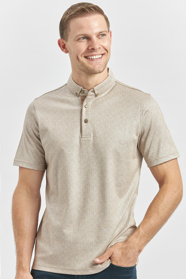 Bej Desenli Merserize Düğmeli Yaka Garnili Pamuklu Casual Slim Fit Dar Kesim Tişört 1011240164