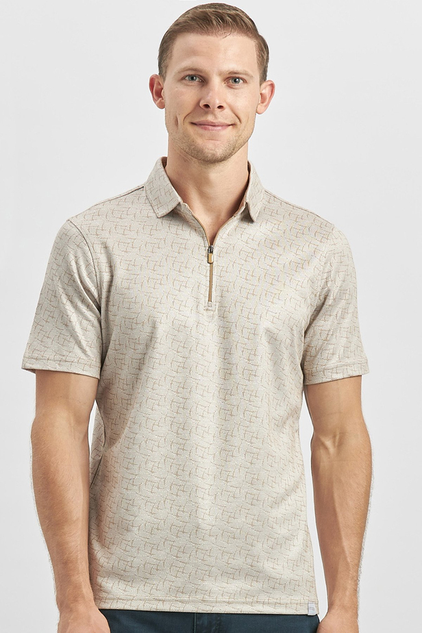 Bej Desenli Merserize Polo Yaka Pamuklu Casual Slim Fit Dar Kesim Tişört 1011240159