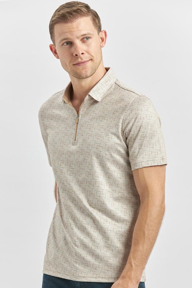 Bej Desenli Merserize Polo Yaka Pamuklu Casual Slim Fit Dar Kesim Tişört 1011240159