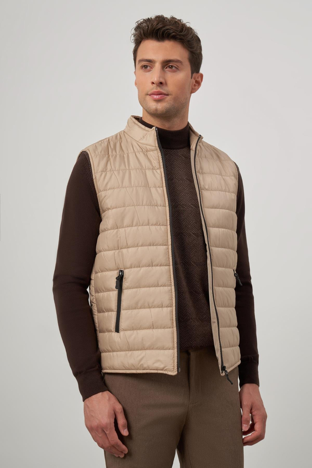 Bej Kapitone Dik Yaka Düz Garnisiz-Biyesiz Slim Fit Yelek 1009245150