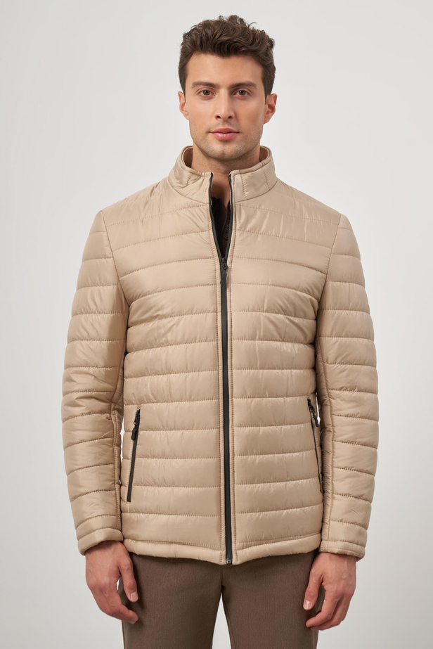 Bej Kapitone Hakim Yaka Düz Yırtmaçsız Tam Astar Slim Fit Classic Mont 1007245155