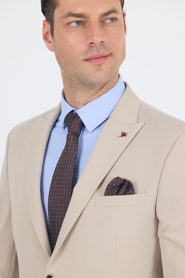 Bej Kırlangıç Yaka Kelebek Astar 6 Drop Slim Fit   Beli Lastikli Takım Elbise 1001250176