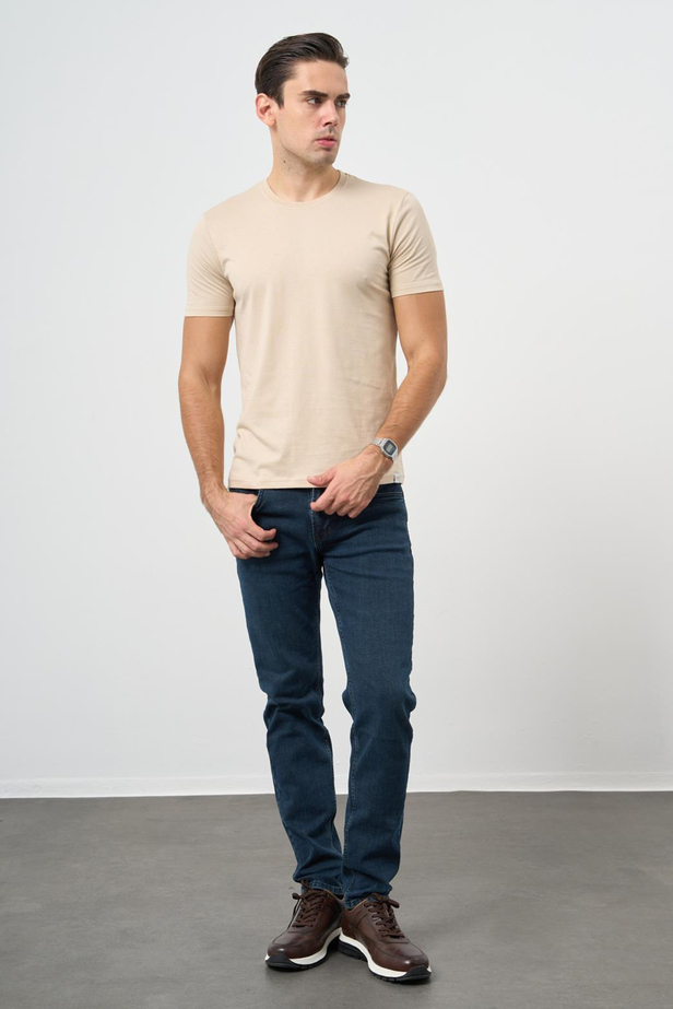 Bej Kısa Kol Düz Bez Ayağı Bisiklet Yaka Casual Slim Fit Tişört 1011245193