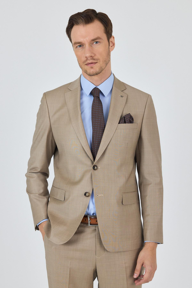 Bej Mono Yaka Düz 2 Düğme Classic Yünlü Slim Fit Takım Elbise 1001250175