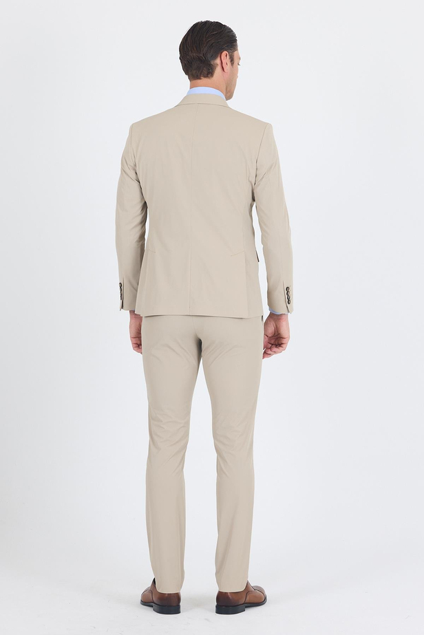 Bej Mono Yaka Yarım Astar 6 Drop Slim Fit   Beli Lastikli Takım Elbise 1001250121