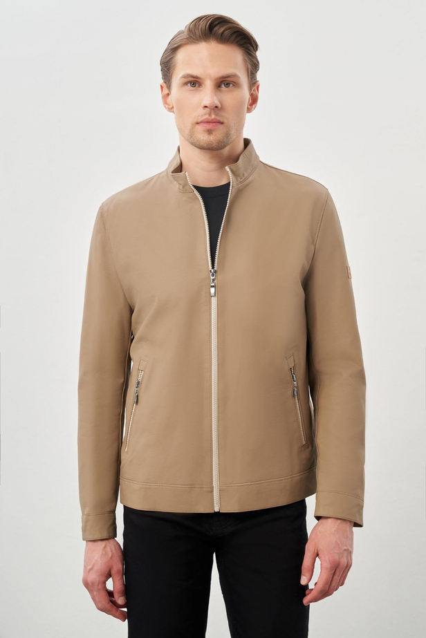 Bej Suni Deri Hakim Yaka Düz Yırtmaçsız Tam Astar Slim Fit Casual Deri Mont 1038245152