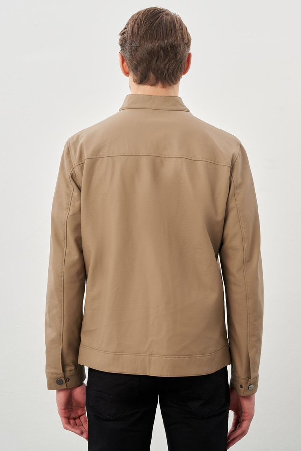Bej Suni Deri Hakim Yaka Düz Yırtmaçsız Tam Astar Slim Fit Casual Deri Mont 1038245152