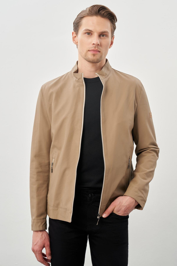 Bej Suni Deri Hakim Yaka Düz Yırtmaçsız Tam Astar Slim Fit Casual Deri Mont 1038245152