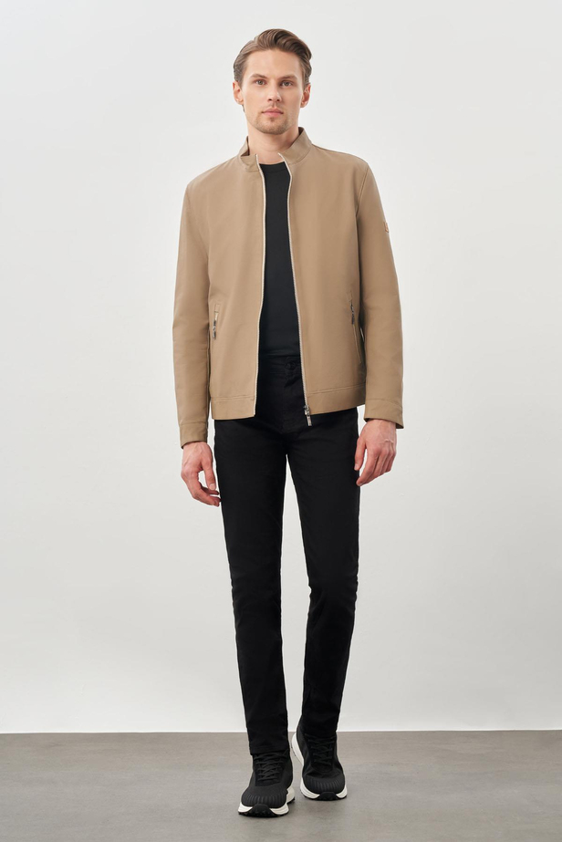 Bej Suni Deri Hakim Yaka Düz Yırtmaçsız Tam Astar Slim Fit Casual Deri Mont 1038245152