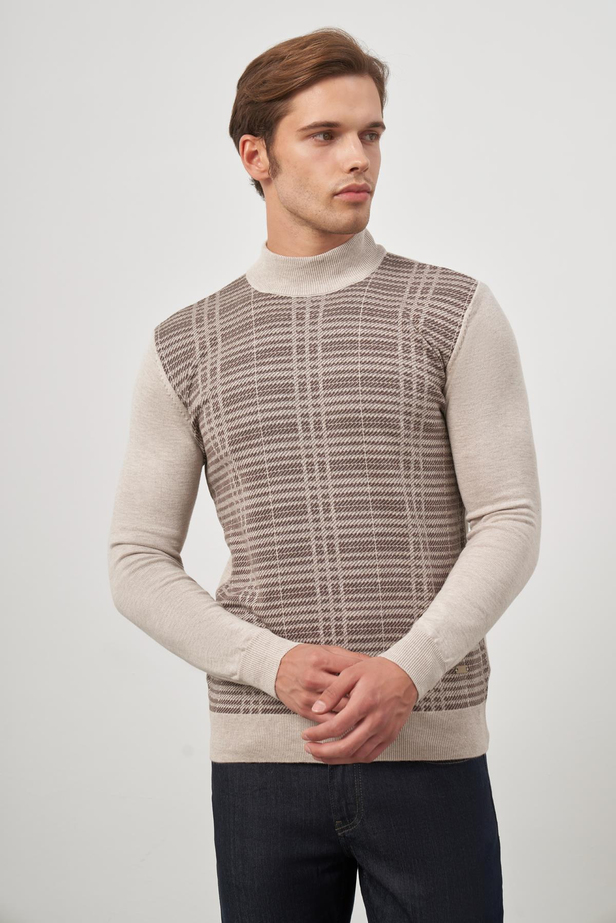 Bej Uzun Kol Kendinden Desenli Örme Yarım Balıkçı Yaka Classic Comfort Fit Triko 1012245158