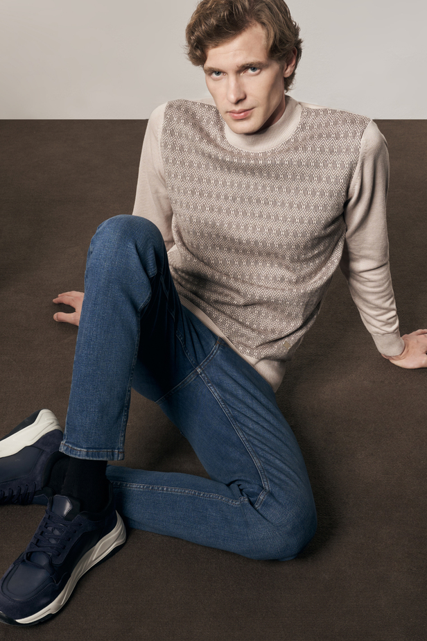 Bej Yarım Balıkçı Yaka Uzun Kol Cepsiz Comfort Fit Pamuklu Triko Kazak 1012255219