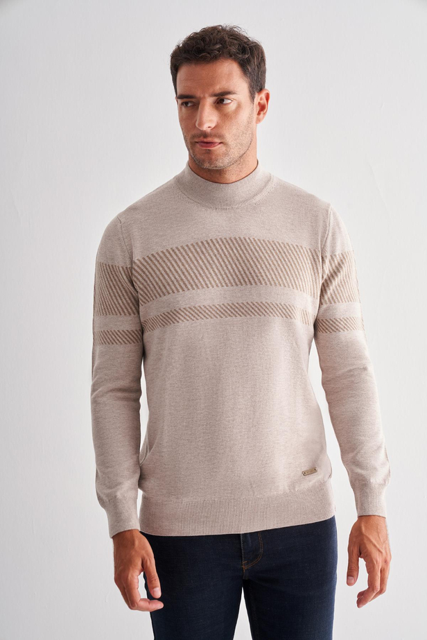 Bej Yarım Balıkçı Yaka Uzun Kol Cepsiz Comfort Fit Pamuklu Triko Kazak 1012255213