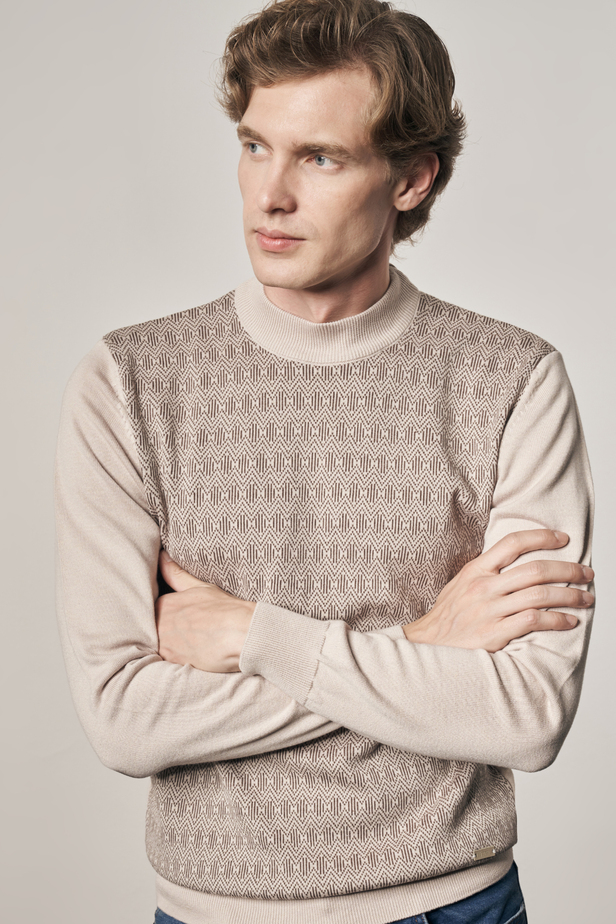 Bej Yarım Balıkçı Yaka Uzun Kol Cepsiz Comfort Fit Pamuklu Triko Kazak 1012255219