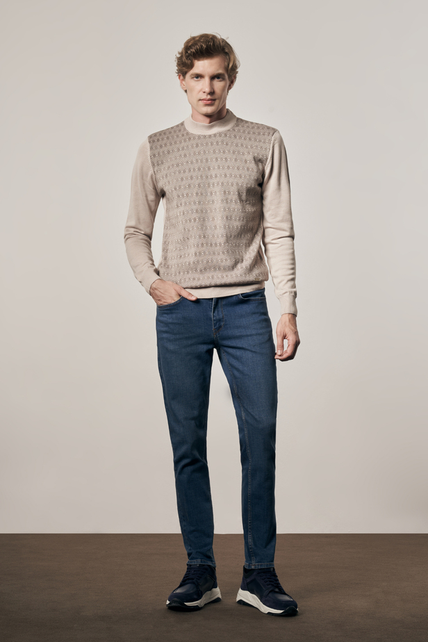 Bej Yarım Balıkçı Yaka Uzun Kol Cepsiz Comfort Fit Pamuklu Triko Kazak 1012255219