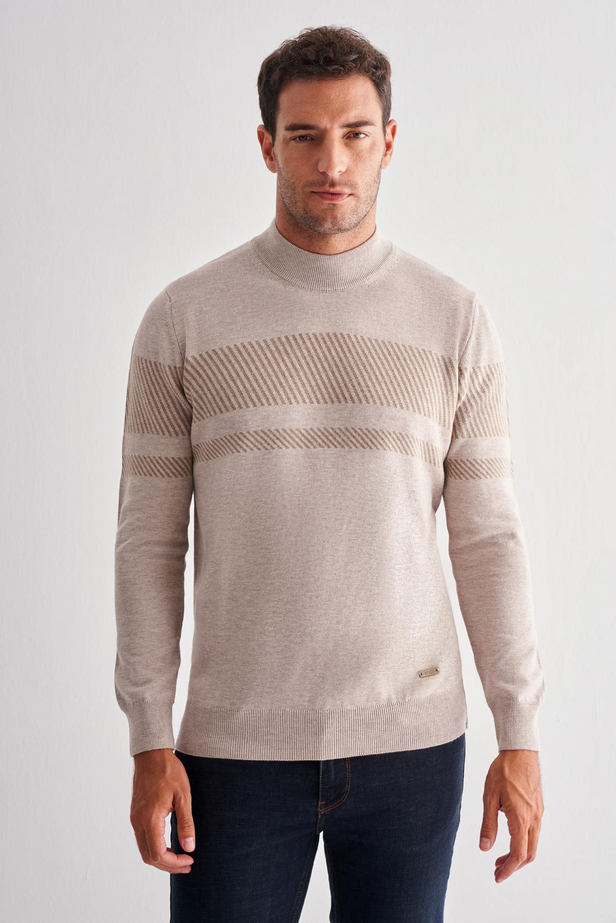 Bej Yarım Balıkçı Yaka Uzun Kol Cepsiz Comfort Fit Pamuklu Triko Kazak 1012255213